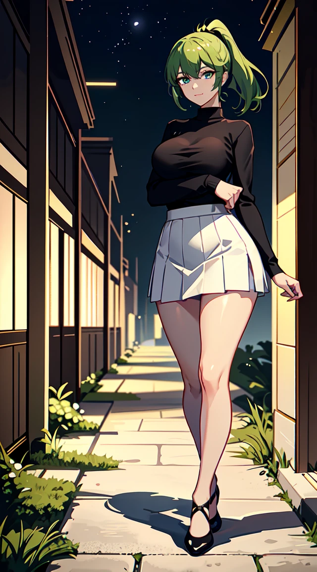 ((hair in a ponytail)), city background, japan, pagoda, lights, ((white skirt)) ((tears)), ((night time)), ((dark room)), ((smug grin)), mouth closed, , 1girl, forest green hair, smug smile, white skin, medium breasts, black teardrops, ((wearing a black sweater)), ((flats)), standing, masterpiece, best quality, anime, demon, looking at the viewer, standing in a dark hallway, stone walls, dim lighting, short hair, worried eyebrows, wearing a skirt, breasts covered, wearing a sweater, smiling, smug, crying black tears, glitches, grown woman, strong legs,, masculine pose, full legs, bigger thighs, gradient shirt, bare legs, tall, knees bent outward, no socks, hands on hips, wide hips, thick thighs, long legs, teardrop, evil, teardrop tattoos on face, smug, holding a knife, ((strapless pumps)), squinted eyes, beautiful, ((green eyes, full body)), bow in hair, very short hair