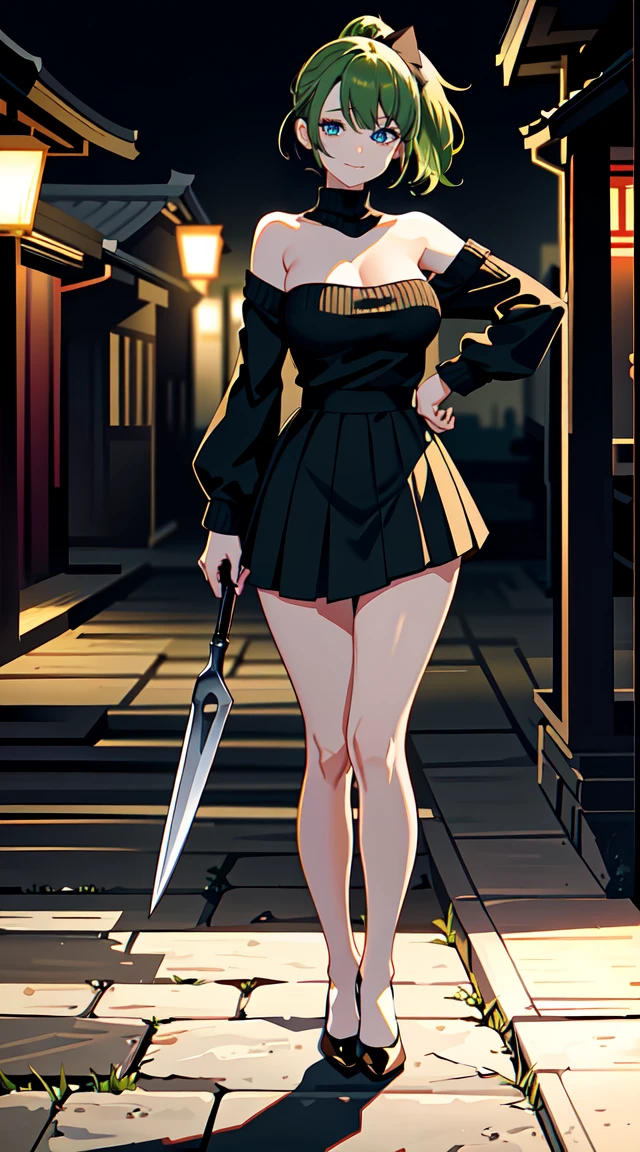 ((hair in a ponytail)), city background, japan, pagoda, lights, ((white skirt)) ((tears)), ((night time)), ((dark room)), ((smug grin)), mouth closed, , 1girl, forest green hair, smug smile, white skin, medium breasts, black teardrops, ((wearing a black sweater)), ((flats)), standing, masterpiece, best quality, anime, demon, looking at the viewer, standing in a dark hallway, stone walls, dim lighting, short hair, worried eyebrows, wearing a skirt, breasts covered, wearing a sweater, smiling, smug, crying black tears, glitches, grown woman, strong legs,, masculine pose, full legs, bigger thighs, gradient shirt, bare legs, tall, knees bent outward, no socks, hands on hips, wide hips, thick thighs, long legs, teardrop, evil, teardrop tattoos on face, smug, holding a knife, ((strapless pumps)), squinted eyes, beautiful, ((green eyes, full body)), bow in hair, very short hair