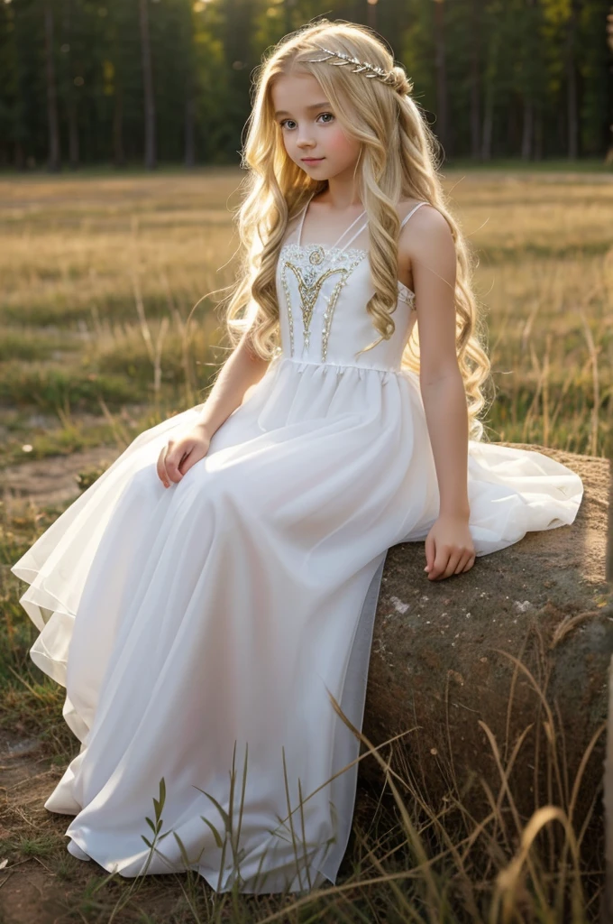 beautiful little medieval russian princess girl , long blonde wavy hair, transparent white dress