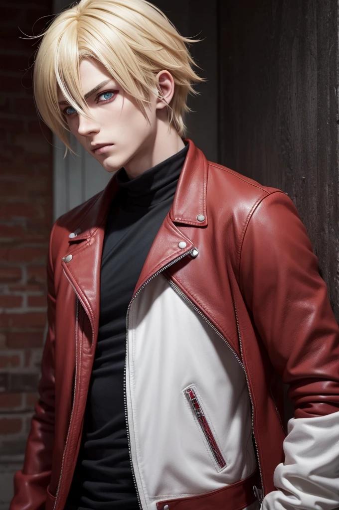 Create an anime boy with blonde hair, red colored eyes , who has a leather jacket psychopathy look