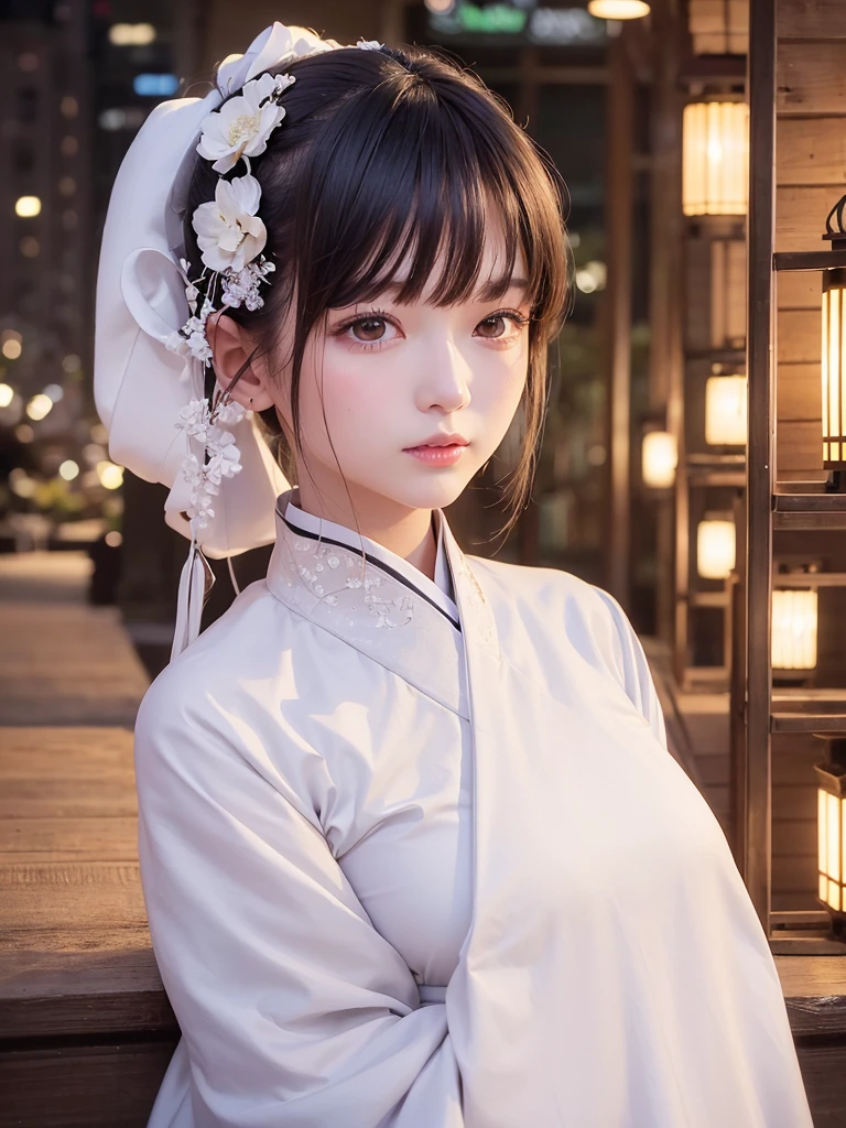 best quality, Masterpiece, height,, 1 girl, detailed face, (upper body:1.6), cyber city, mountains and rivers, nighttime, firefly lights, realistic, rich in details, (white hanfu:1.2), (beautiful body:1.4),