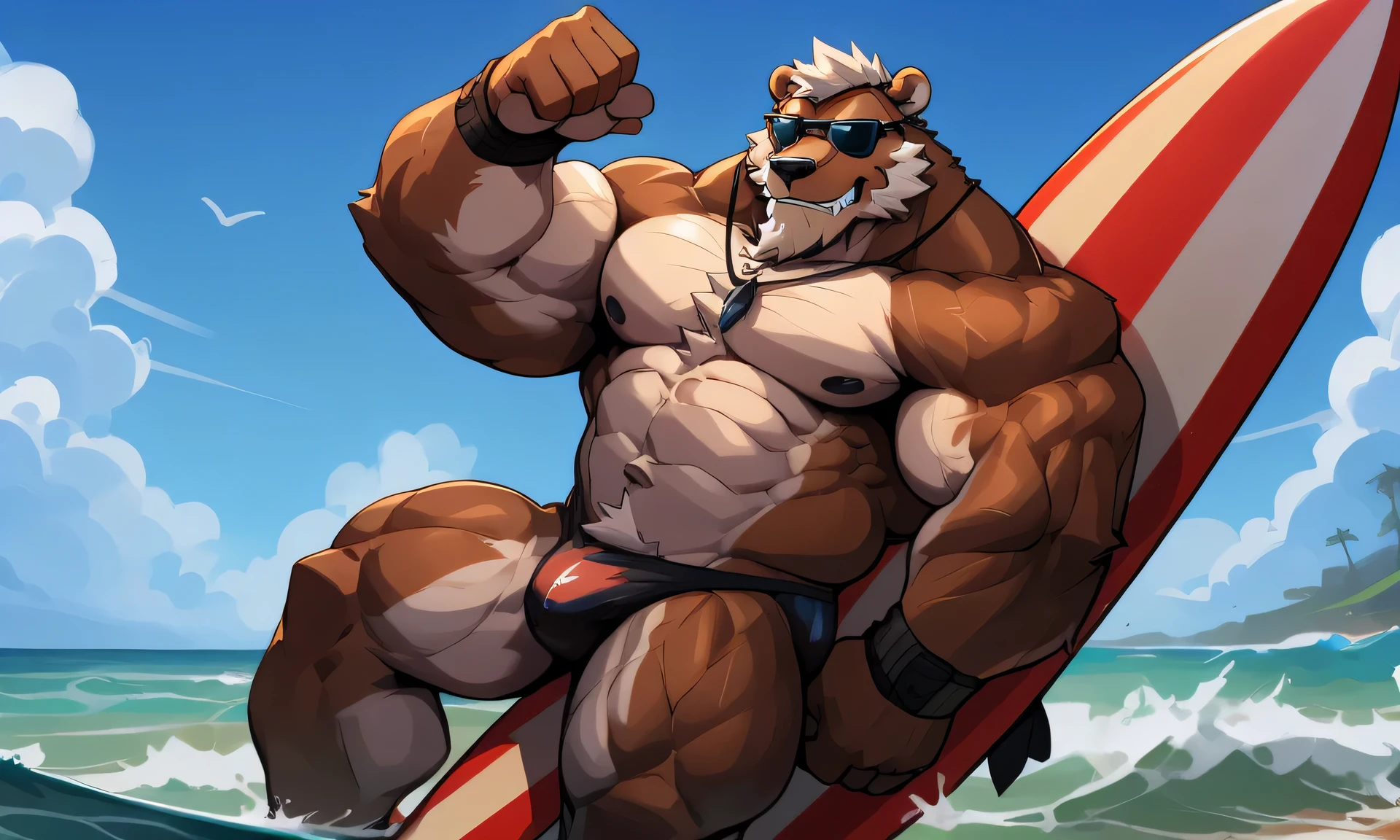 solo, 1boy, Huge Muscular Old Grizzly Bear wearing black sunglasses, pectoral, huge pectoral, wide pectoral, short white hair, black competitive briefs short black wristbands and shirtless topless, bearded, Moustache, tooth necklace, professional surfer, surf board, background, masterpiece, high detailed, 8k, high resolution, at the ocean, surfing the waves, riding the surfboard, gliding on the surfboard, being totally radical, surf's up dudes