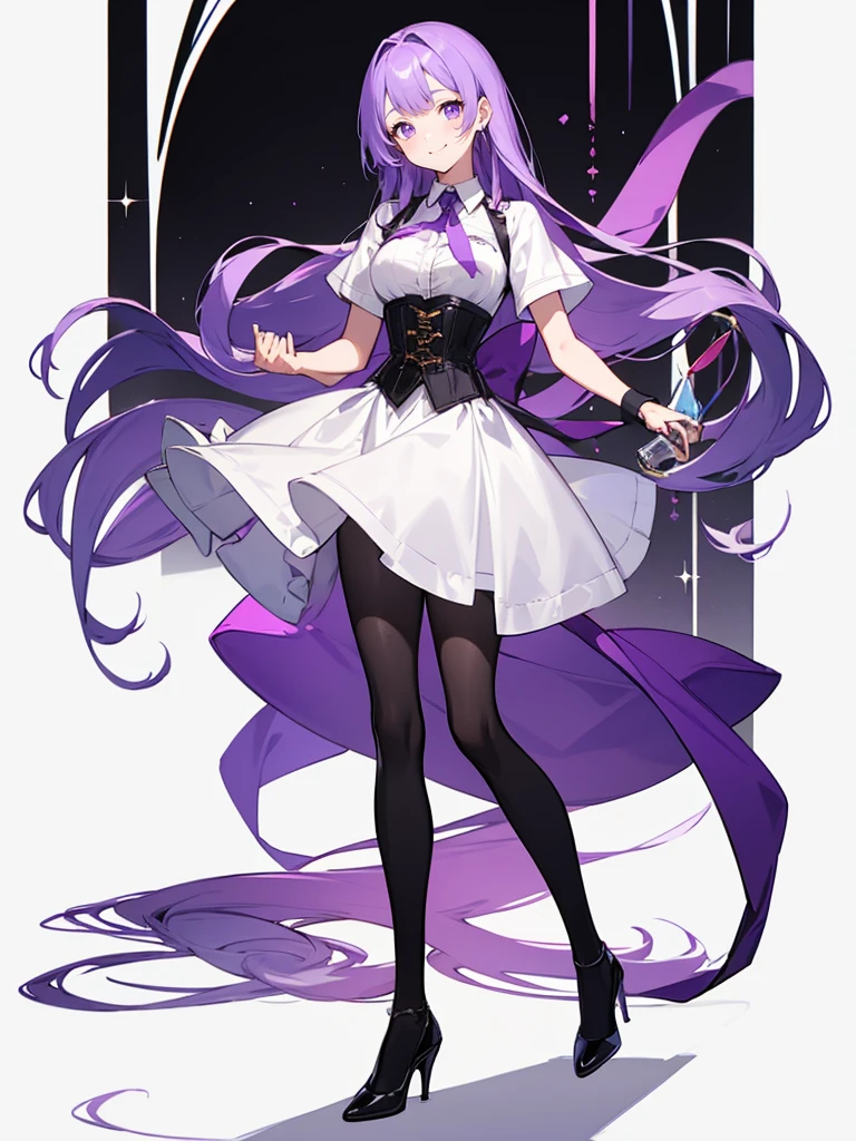 purple,(((long hair))),woman,Bartender,corset,shirt,(Roll up your sleeves)tiehigh heels,all,simple background,smile,whole body,full body,full body,Standing picture,vtuber,upright,,look forward to,body facing forward