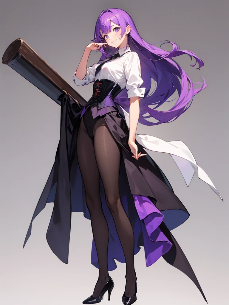 purple,(((long hair))),woman,Bartender,corset,shirt,(Roll up your sleeves)tiehigh heels,all,simple background,smile,whole body,full body,full body,Standing picture,vtuber,upright,,look forward to,body facing forward