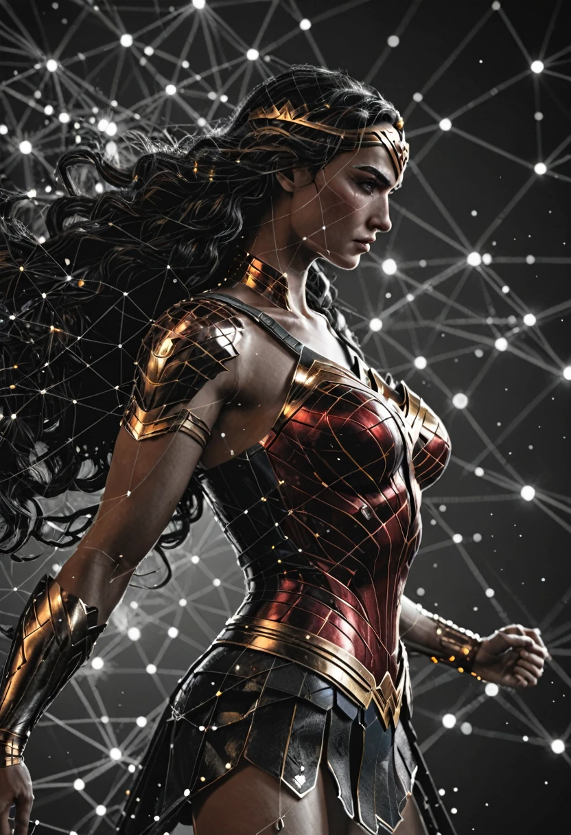 dataviz style, black and white network data visualization in the shape of Wonder Woman,  masterpiece , hyper detailed, unreal engine, dark red and gold tones, stars, point cloud, luminous light effects , glowneon