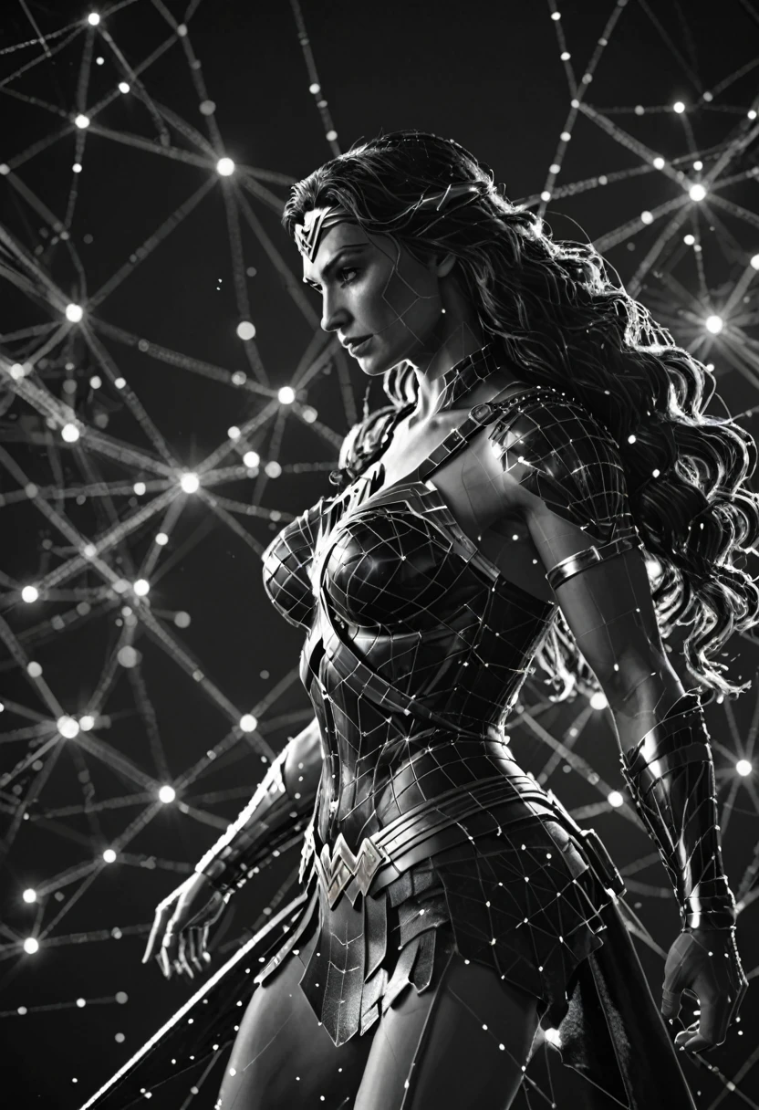 dataviz style, black and white network data visualization in the shape of Wonder Woman,  masterpiece , hyper detailed, unreal engine, dark red and gold tones, stars, point cloud, luminous light effects , glowneon