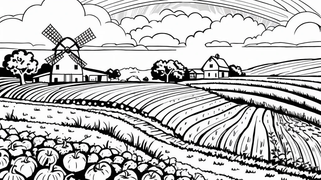 "Illustration of a farm scene with a windmill on the left, barn on right, hills in the middle, cloud, the sun smiled, and rainbows in the sky. In front of, there are sheep in the pen, cow, chicken with three chicks, and the chicken near the egg. Vegetables (carrot, good), Barrow, seed bag/fertilizer, sunflower, the Apple tree, and irrigation canals are also visible. This rural atmosphere is educational and fun."