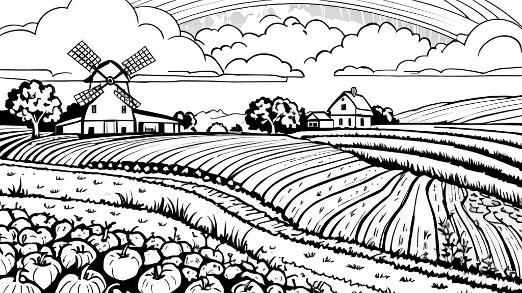 "Illustration of a farm scene with a windmill on the left, barn on right, hills in the middle, cloud, the sun smiled, and rainbows in the sky. In front of, there are sheep in the pen, cow, chicken with three chicks, and the chicken near the egg. Vegetables (carrot, good), Barrow, seed bag/fertilizer, sunflower, the Apple tree, and irrigation canals are also visible. This rural atmosphere is educational and fun."