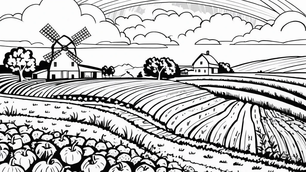 "Illustration of a farm scene with a windmill on the left, barn on right, hills in the middle, cloud, the sun smiled, and rainbows in the sky. In front of, there are sheep in the pen, cow, chicken with three chicks, and the chicken near the egg. Vegetables (carrot, good), Barrow, seed bag/fertilizer, sunflower, the Apple tree, and irrigation canals are also visible. This rural atmosphere is educational and fun."