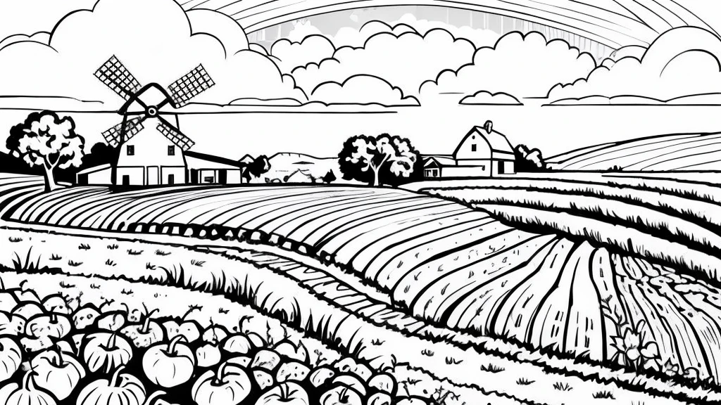 "Illustration of a farm scene with a windmill on the left, barn on right, hills in the middle, cloud, the sun smiled, and rainbows in the sky. In front of, there are sheep in the pen, cow, chicken with three chicks, and the chicken near the egg. Vegetables (carrot, good), Barrow, seed bag/fertilizer, sunflower, the Apple tree, and irrigation canals are also visible. This rural atmosphere is educational and fun."