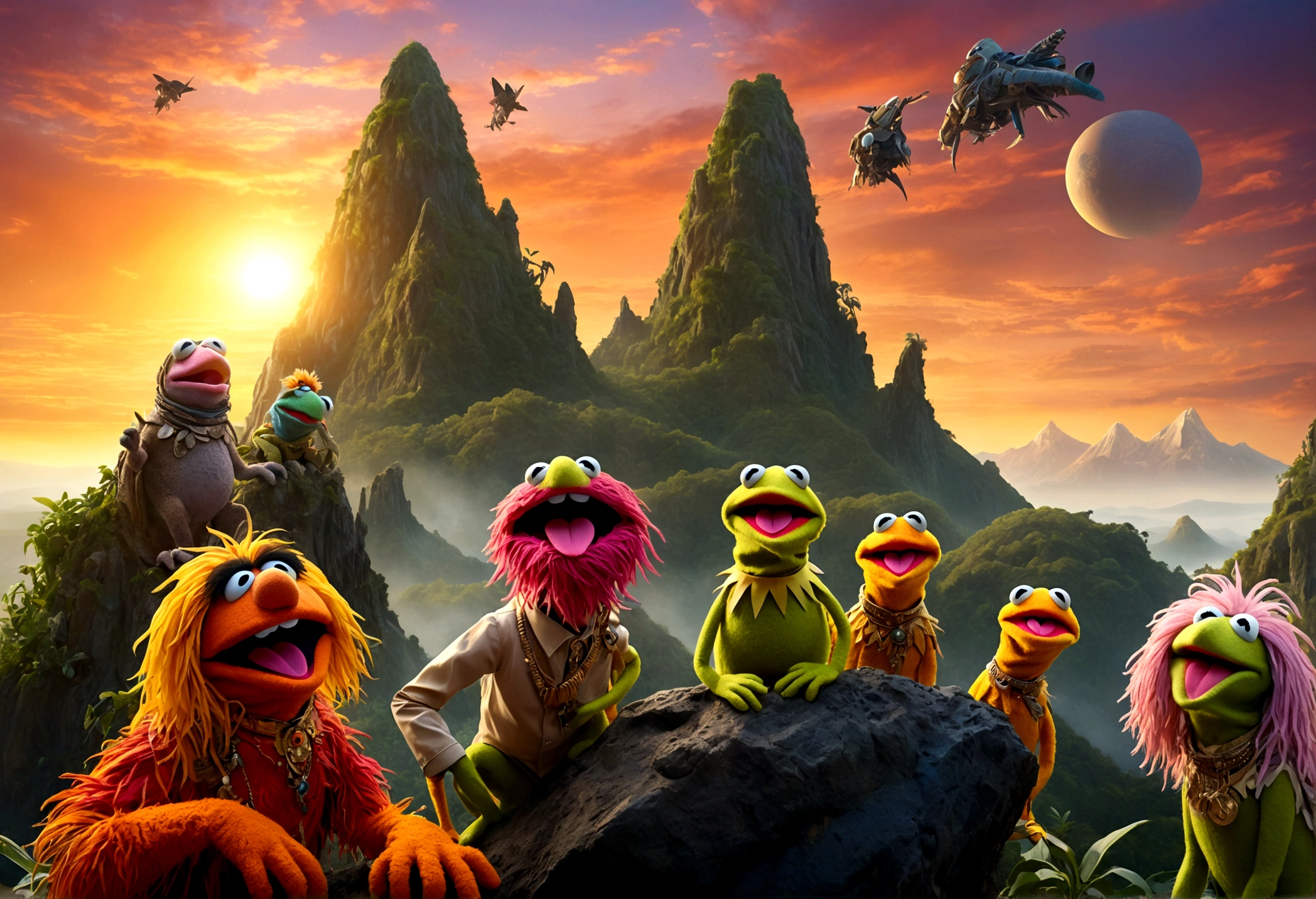 high fantasy, a bunch of muppet animals are howling at the sunrise on an alien world, mountain top, bizarre jungle, lovely