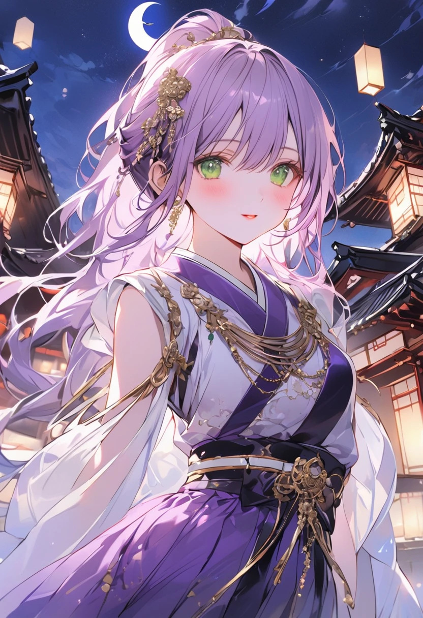 masterpiece, best quality, ultra detailed, sparkling eyes, beautiful detailed eyes, A young woman with long, flowing purple hair tied in a high ponytail, adorned with golden accessories. She has bright green eyes and a playful, confident expression. She is wearing a revealing outfit consisting of a white and purple top with golden accents and a matching purple skirt with star and moon motifs. Her outfit also includes a decorative belt and flowing ribbons. The background depicts a serene night scene with traditional Japanese buildings, a crescent moon, and a starry sky. The overall atmosphere is mystical and enchanting, with soft, ambient lighting highlighting the character and her surroundings.