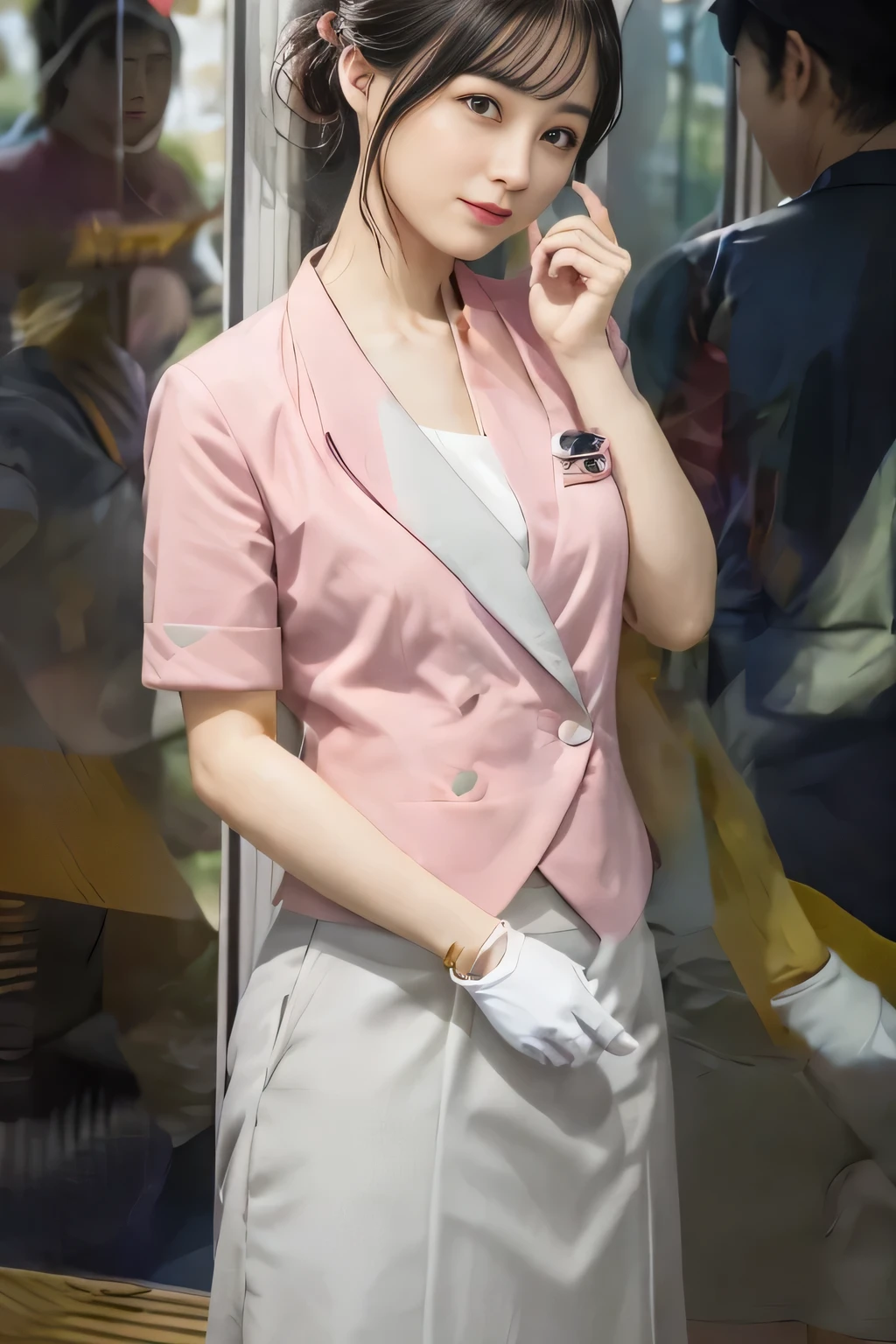 (masterpiece:1.2, Highest quality:1.2), 32k HDR, High resolution, (alone、1 girl)、 (Height: 160cm)、（On the rooftop of a building in the daytime、Professional Lighting）、Building rooftop background、（Nankai train crew uniform pinkを着たリアルスタイル）、（Nankai train crew uniform pink short sleeve collarless pink jacket、Nankai Train Crew Uniform Pink Collarless Short Sleeve Blouse、Nankai Train Crew Uniform Pink Grey Knee-length Culottes）、（The pink jacket is showing from the culottes.）、Dark brown hair、（Hair tied up、Hair tied up、Evening curly hairstyle）、Dark brown hair、Long Shot、Big Breasts、Thin legs、（（Great hands：2.0）），（（Harmonious body proportions：1.5）），（（Normal limbs：2.0）），（（Normal finger：2.0）），（（Delicate eyes：2.0）），（（Normal eyes：2.0））)、smile、（Nankai Train Crew Uniform Pink Grey Knee-length Culottesを見せた美しい歩く姿）、Place your hands around your stomach、Lanyard employee ID card