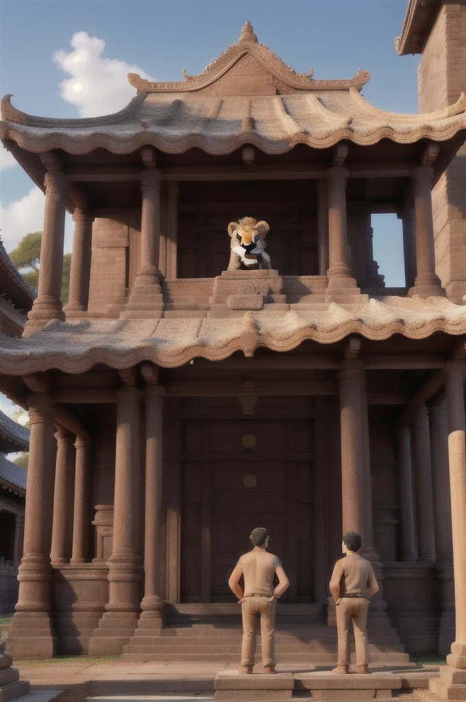 Detailed lion sculptures, temple architecture, father and son standing in awe.
