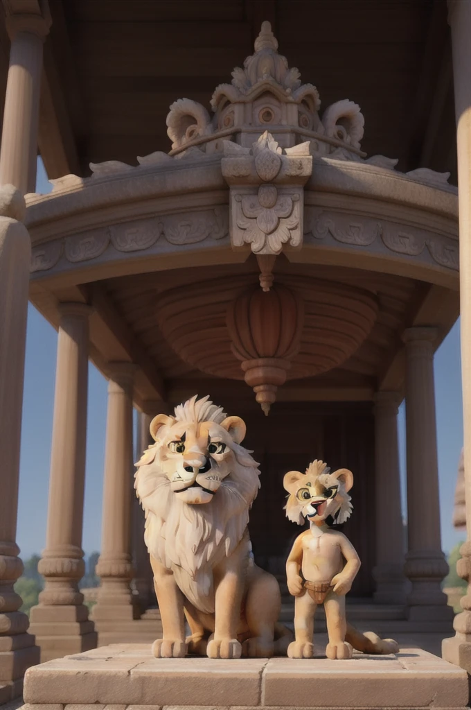 Detailed lion sculptures, temple architecture, father and son standing in awe.