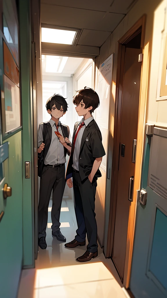 two boys, one tall and with black hair and the other short and with brown hair, both in school uniforms, They are at the entrance of the school