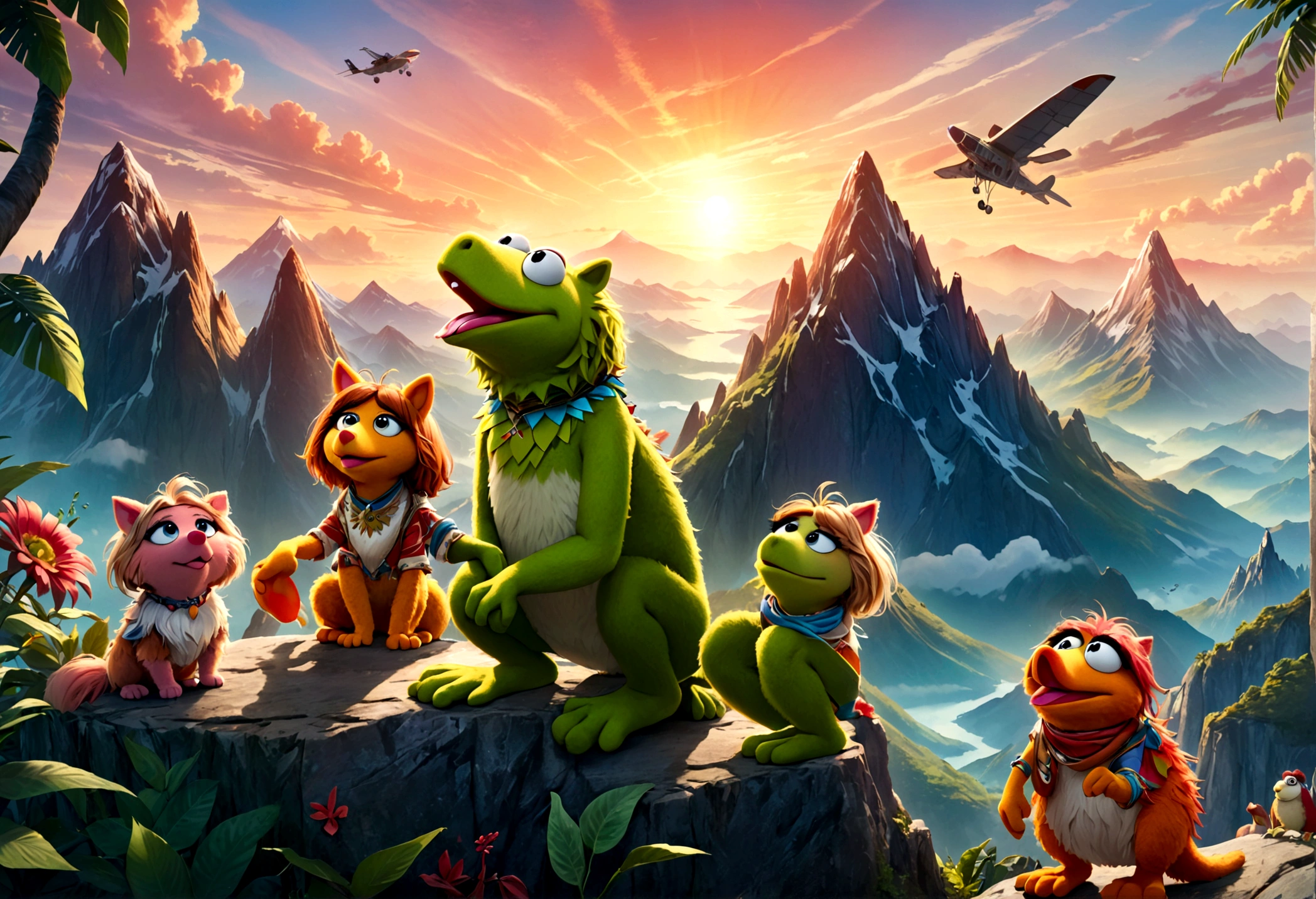 high fantasy, a bunch of muppet animals are howling at the sunrise on an alien world, mountain top, bizarre jungle, lovely
