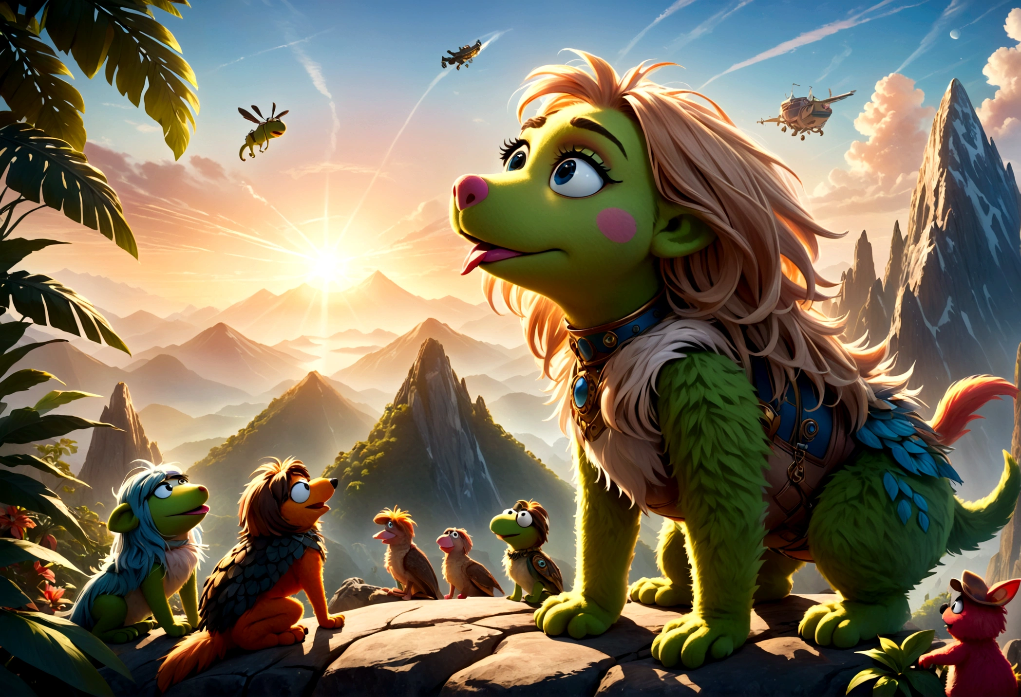 high fantasy, a bunch of muppet animals are howling at the sunrise on an alien world, mountain top, bizarre jungle, lovely
