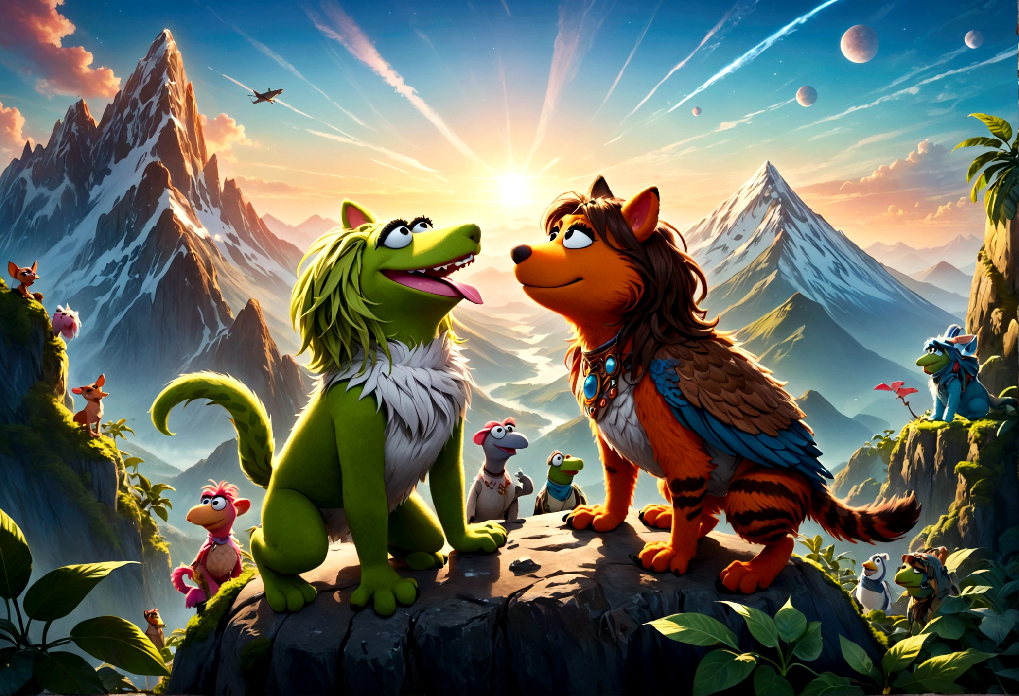 high fantasy, a bunch of muppet animals are howling at the sunrise on an alien world, mountain top, bizarre jungle, lovely