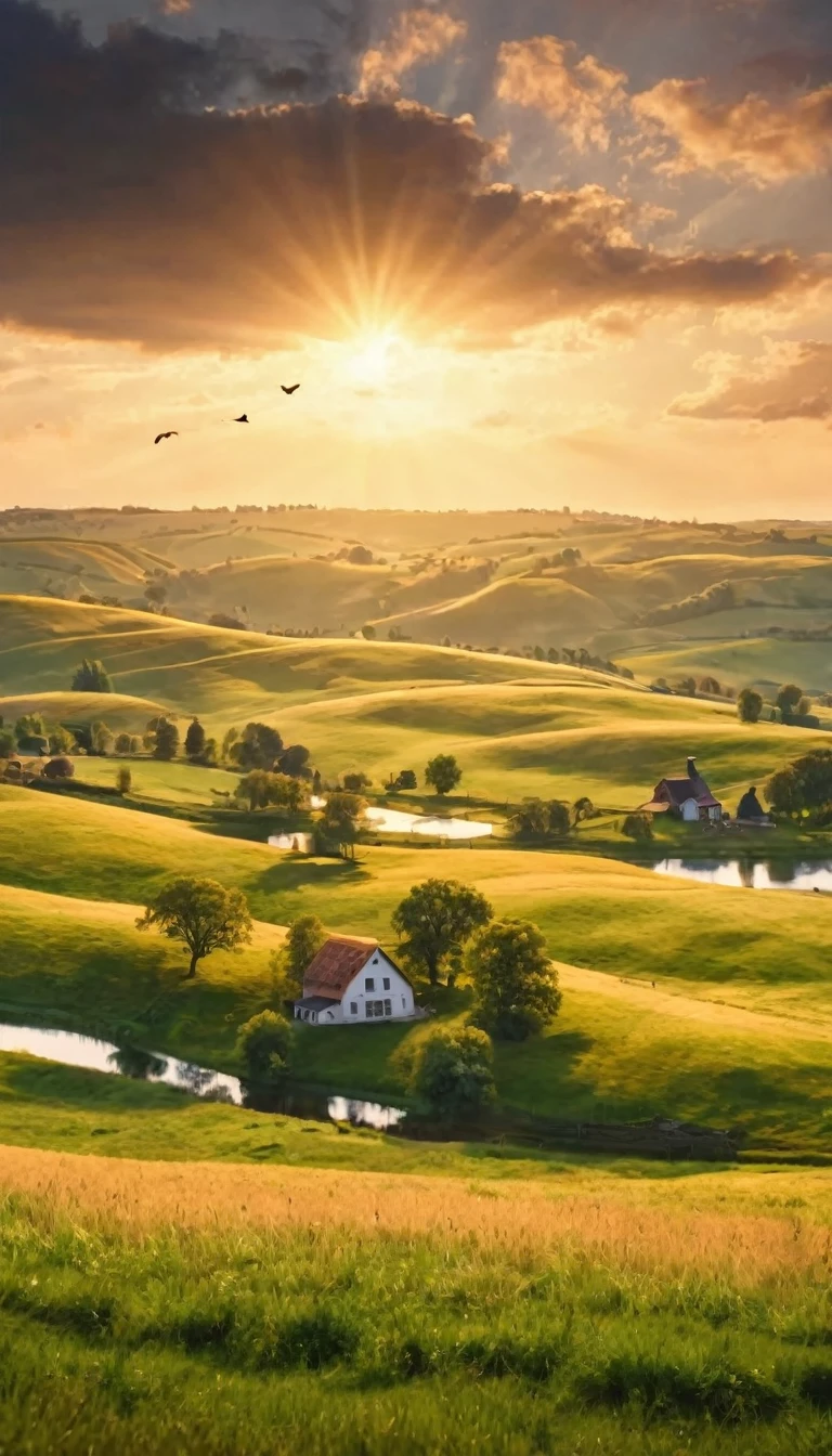 a beautiful sunrise in a serene countryside landscape, a glowing sun rising over rolling hills, lush green meadows, picturesque farmhouse, golden sunlight, warm color tones, dramatic cloud formations, peaceful atmosphere, tranquil lake reflection, detailed foliage, birds flying in the distance, highly detailed, photorealistic, 8k, cinematic lighting, masterpiece