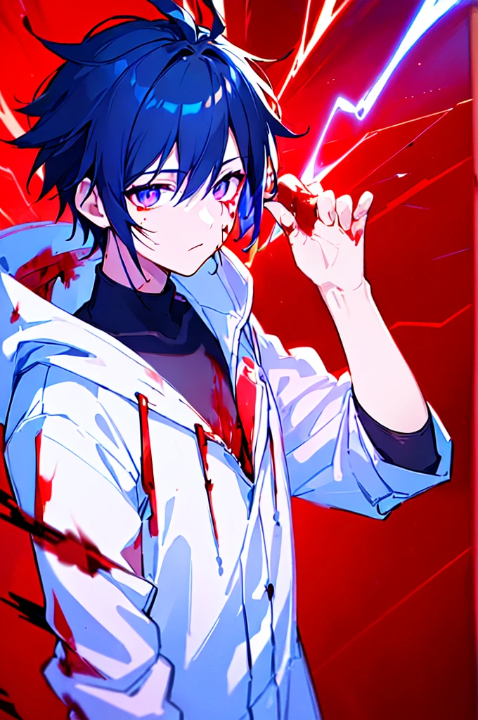 [(RED BACKGROUND:1.5),::5], ((((masterpiece)))), high quality, ultra very high resolution, full color, (((solo))), ((little boy)), black hair, ((blue colored inner hair)), ((purple eyes)), anime, ((upper body)), neon light, black parka, (lightning effect:1.2), (Blood effect:1.5)