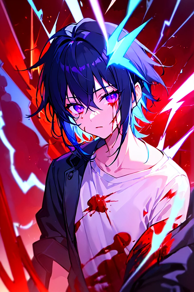 [(RED BACKGROUND:1.5),::5], ((((masterpiece)))), high quality, ultra very high resolution, full color, (((solo))), ((little boy)), black hair, ((blue colored inner hair)), ((purple eyes)), anime, ((upper body)), neon light, black parka, (lightning effect:1.2), (Blood effect:1.5)
