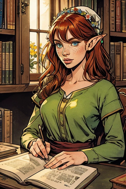 (water colour: 1.2), elf princess, flowers, freckles, bangss, redheadwear, long hair, greeneyes, hair between eyes sitting at a table full of books inside a library, gazing at viewer, flowers brincos, nblurry background, high resolution