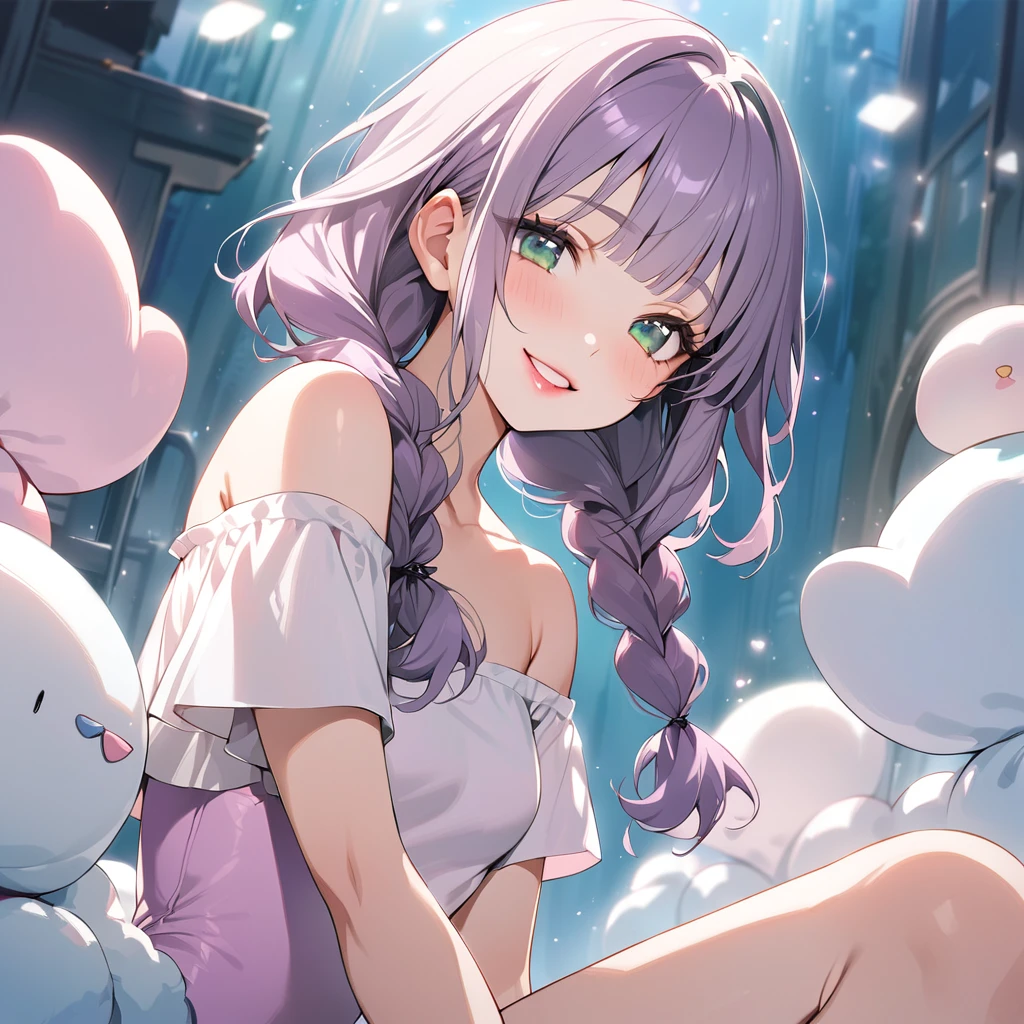 (Cute a girl:1.5), (masterpiece:1.3), anime visual, (a gril with semi long twin braids wavy hair, pale purple blunt bangs hair, dark green eyes,pink lips,smiling:1.3),(a girl is wearing
A white off-the-shoulder T-shirt and a pink high-leg leotard:1.3 ), (Lovey-dovey:1.5), (tilt head:1.3), extremely delicate face, realistic lighting and shading, (an extremely delicate and beautiful art:1.3), elegant, ,(one girl with closs hair pin,pale purple hair,wavy two braids,blunt bangs hair,green and black eyes.pink lips:1.4), small breast,slim,a girl closed her eyes and opens her mouth and smiles happily,Slender,morning lit,