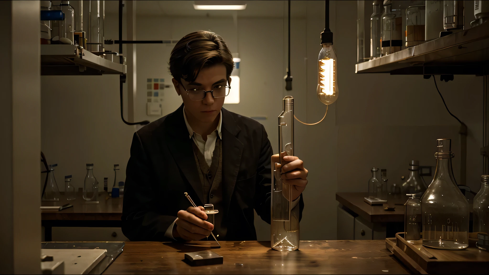 The young scientist Edison conducted experiments in a large, brilliant laboratory,test tube in hand,wear glasses