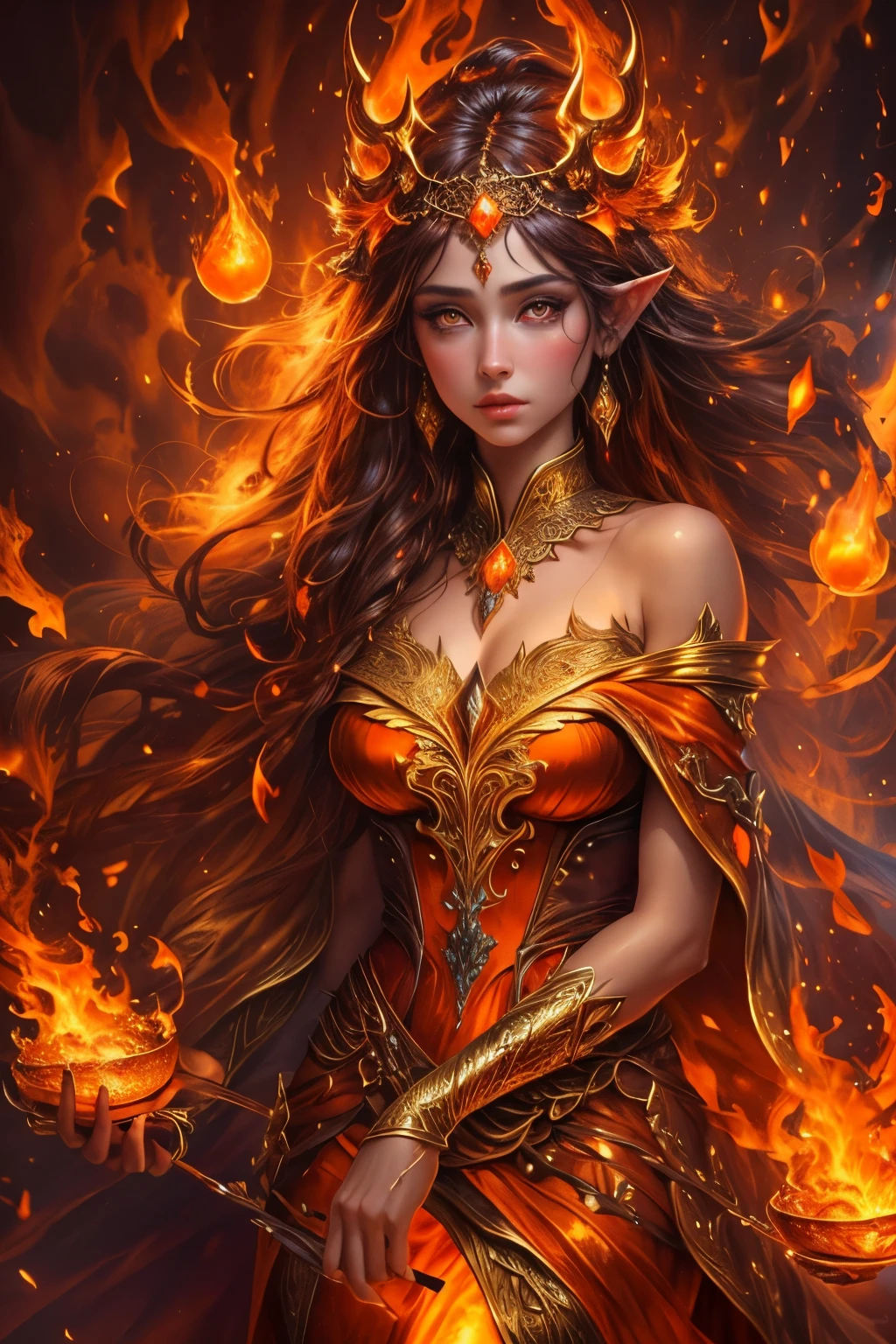 This (realistic fantasy) art contains embers, real flames, real heat, and realistic fire. Generate a masterpiece artwork of a female fire druid with large (((orange and gold))) eyes. The fire druid is awe-inspiring with beautiful ((realistic fiery eyes)) alight with confidence and power. Her features are elegant and well defined, with ((soft and puffy lips)), elven bone structure, and realistic shading. Her eyes are important and should be the focal point of this artwork, with ((extremely realistic details, macro details, and shimmer.)) She is wearing a billowing and glittering dress made of realistic flames and jewels that glimmer in the fire light. Wisps of fire and smoke line the intricate bodice of the dress. Include bumps, stones, fiery iridescence, glowing embers, silk and satin and leather, an interesting background, and heavy fantasy elements. Camera: Utilize dynamic composition techniques to enhance the realistic flames.