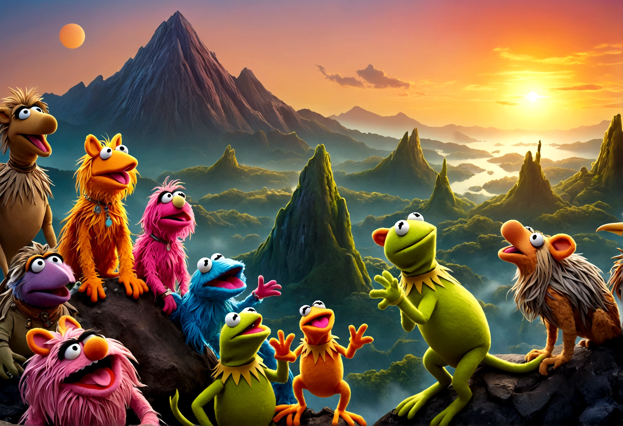 high fantasy, a bunch of muppet animals are howling at the sunrise on an alien world, mountain top, bizarre jungle, lovely
