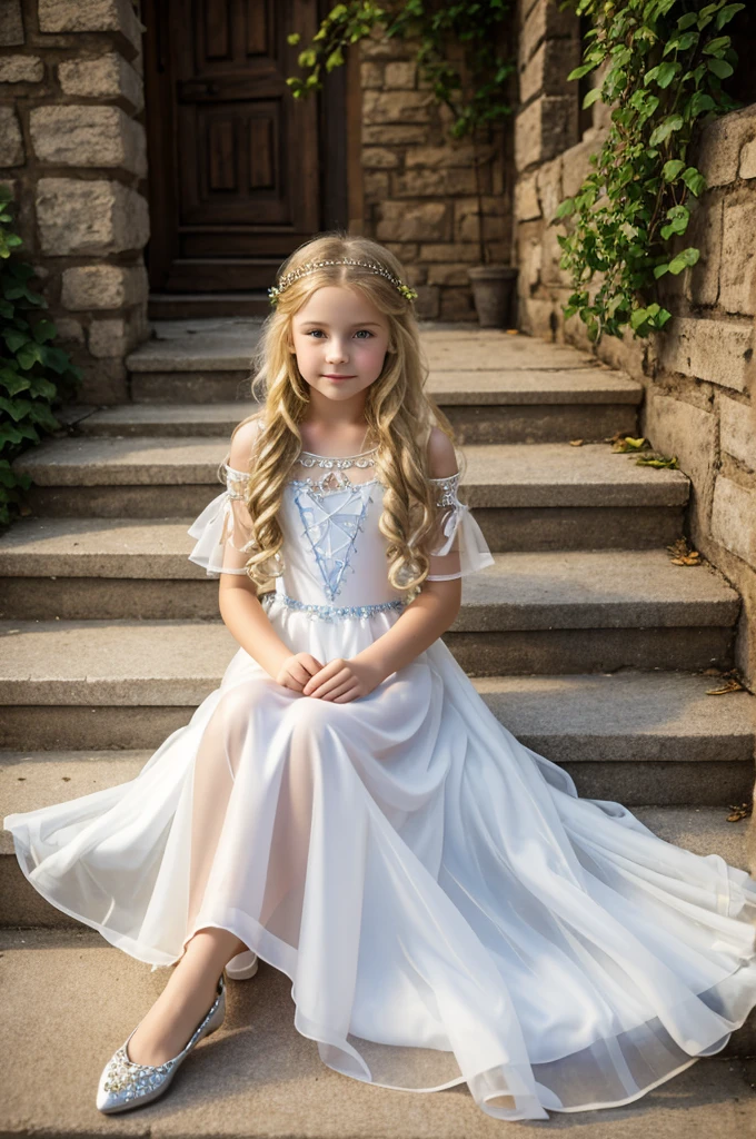 beautiful little medieval russian princess girl , long blonde wavy hair, transparent white dress, sittin o the stairs.