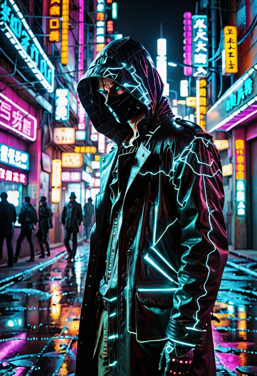 In the hauntingly atmospheric corner of a retro-futuristic digital dystopia, an enigmatic figure emerges - a lone hacker, illuminated by neon-soaked city streets. This neo- bohemian photograph captures the essence of the protagonist's clandestine existence, depicted through meticulous attention to detail. Each pixel of the image displays a seamless fusion of vibrant cyberpunk aesthetics and gritty noiriance, showcasing the meticulous craftsmanship behind this masterpiece.