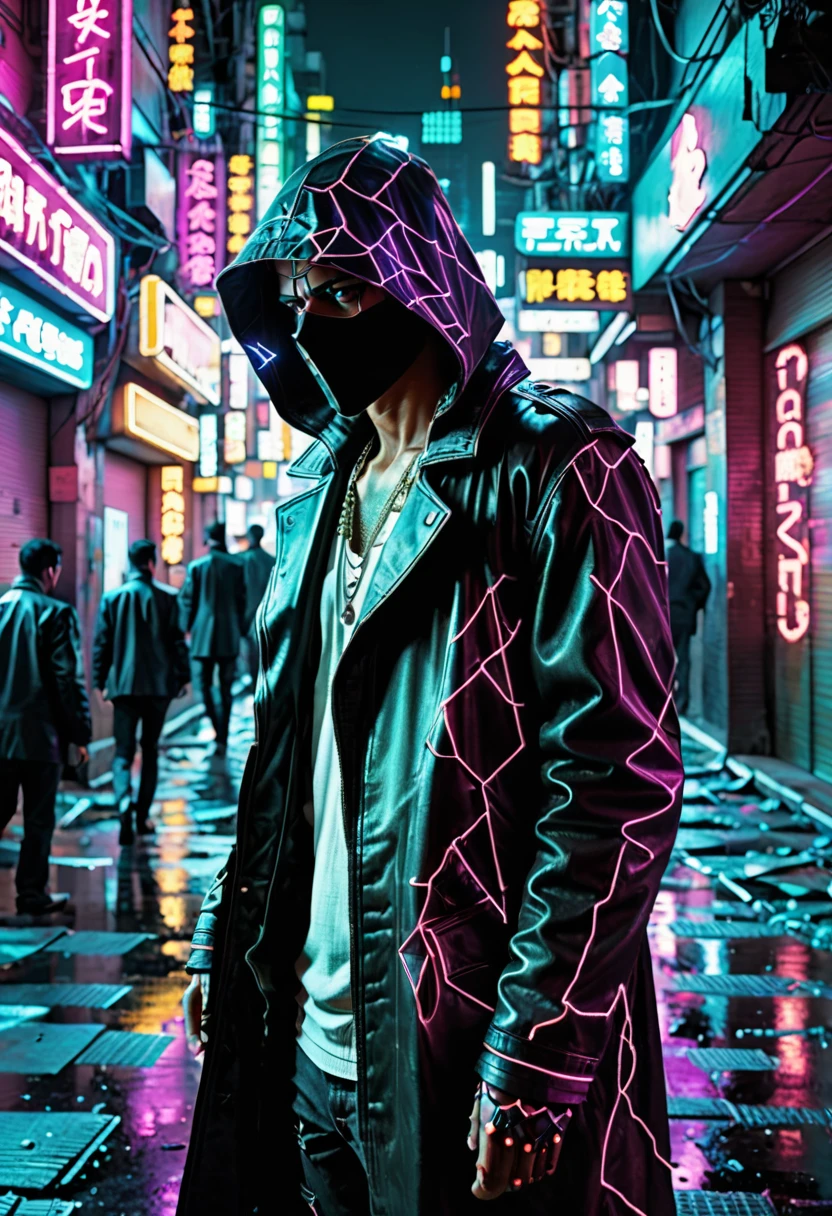 In the hauntingly atmospheric corner of a retro-futuristic digital dystopia, an enigmatic figure emerges - a lone hacker, illuminated by neon-soaked city streets. This neo-noir bohemian photograph captures the essence of the protagonist's clandestine existence, depicted through meticulous attention to detail. Each pixel of the image displays a seamless fusion of vibrant cyberpunk aesthetics and gritty noir ambiance, showcasing the meticulous craftsmanship behind this masterpiece.