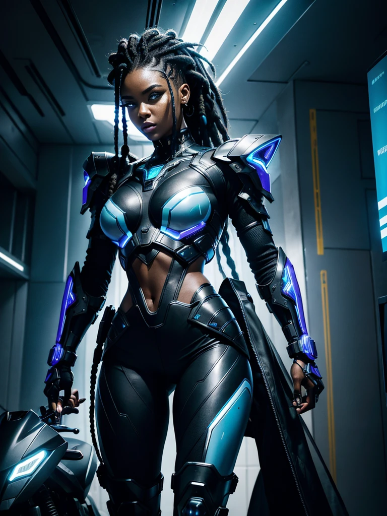 A striking black woman in a post-apocalyptic cyberpunk environment. She is next to a futuristic motorcycle, imposing and full of technological details. The woman has rich, deep skin, with ebony tones that glow under the scene's neon lighting. Her hair is a bold combination of dreadlocks and braids, decorated with metallic threads and small LEDs that blink softly, reflecting the colorful lights in the room. His face is sculpted with strong, elegant features, highlighting piercing eyes that glow with a cybernetic blue intensity. She wears metallic makeup, with silver shadows and lips painted an intense purple, adding a touch of mystery and power. His athletic body is encased in a futuristic combat suit made from synthetic and metallic materials. The look is a combination of black, silver and neon blue, with details that suggest high technology, such as embedded circuits and light panels. Plates of armor protect his shoulders, arms, and legs, while cables and wires connect to devices on his body, indicating a perfect fusion between human and machine. giving it a lively and dynamic appearance, Hyper Realistic, Cinematic.