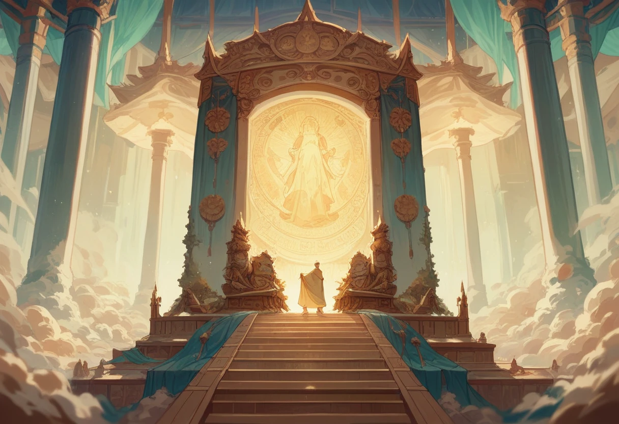 show 2 people, a jade Emperor seated on a magnificent golden throne in the heavenly realm looks down to a young farmer who is in simple clothing stands respectfully before him . , golden light, symbolizing the sacred nature of the encounter. 3 point perspective