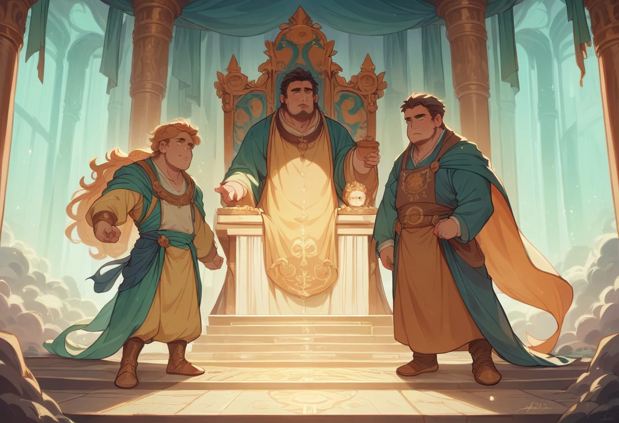 show 2 people, a jade Emperor seated on a magnificent golden throne in the heavenly realm looks down to a young farmer who is in simple clothing stands respectfully before him . , golden light, symbolizing the sacred nature of the encounter. 3 point perspective