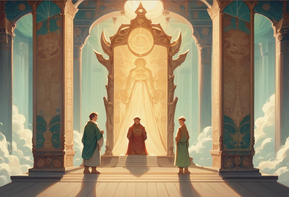 show 2 people, a jade Emperor seated on a magnificent golden throne in the heavenly realm looks down to a young farmer who is in simple clothing stands respectfully before him . , golden light, symbolizing the sacred nature of the encounter. 3 point perspective