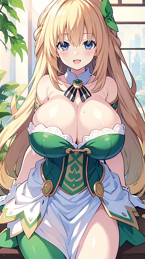 8k, RAW photo, best quality, masterpiece:1.2, 1girl,solo, curvy, blonde hair, blue eyes, blush, smile, :D,huge breasts, cleavage, breasts out, open clothes, nsfw, long hair, looking at viewer, white pantyhose, green and white dress, white gloves, vert_/neptune series/:1.2