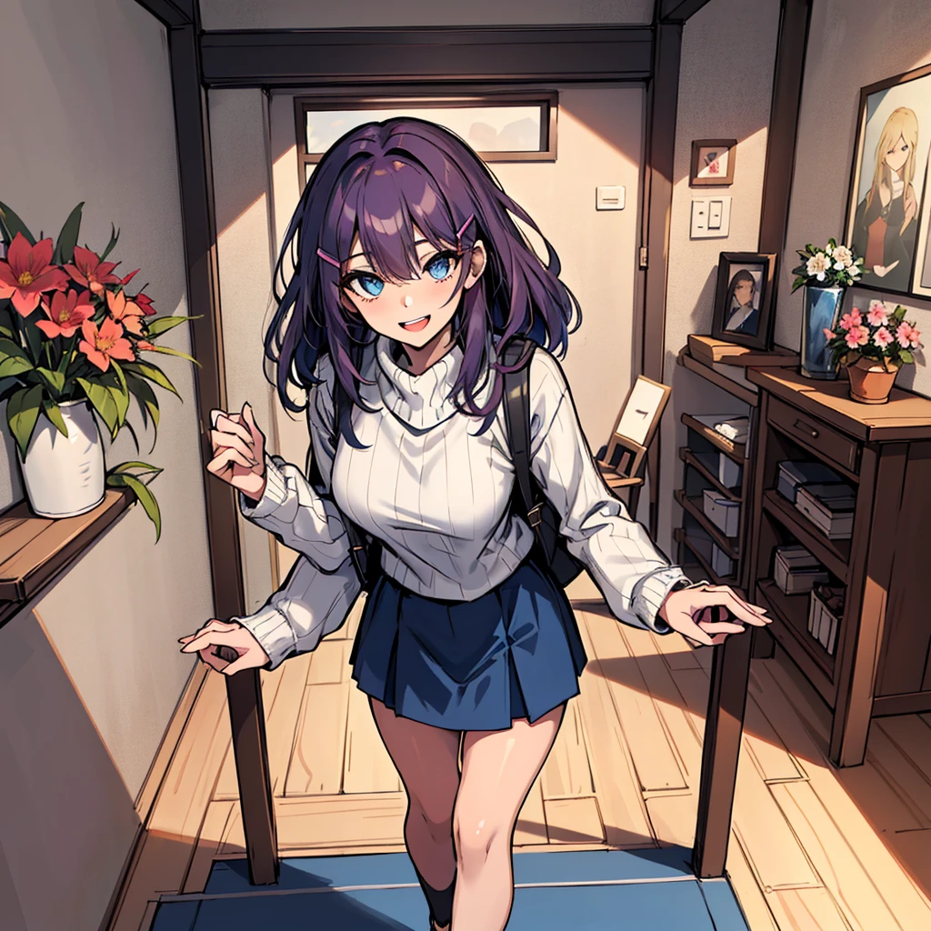 (absurdres, 8k, 4k, masterpiece, hyper extreme detailed:1.2), solo, 1girl, front view, perfect face, 1girl, portrait, looking at viewer, solo, standing, Female, Mature Female, expressive eyes, perfect face, dark purple hair, 1girl, messy hair, perfect ???????, adult, standing, straight hair, pale, full body, medium hair, perfect ???????, friendly, happy, good, good natured, kind, kindhearted, understanding, honesty, integrity, empathy, empathic, smile, nice, happy, expressive, cute, caring, Compassionate, Humility, Integrity, Forgiveness, forgiving, sparkling eyes, expressive eyes, swept bangs, medium bust, tan sweater, blue skirt, wholesome, Patience, love, loving, Generous, savior, saint, saintly, devoted, selfless, Positive, Encouraging, polite, courage, courageous, Considerate, unselfish, Diligent, warm, welcoming, Temperate, Cooperative, faithful, Imaginative, Fairness, fair, perfect, normal, 1girl, cutesy, pins, hairpins, bedroom background, colorful, backpack, angelic, flowers, flowers in hair, slender, slim, beautiful, wonderful, college student, warm smile, clasped hands, tilted head, hope, integrity, inspiring, benevolent, huggable, normal, human, perfect,