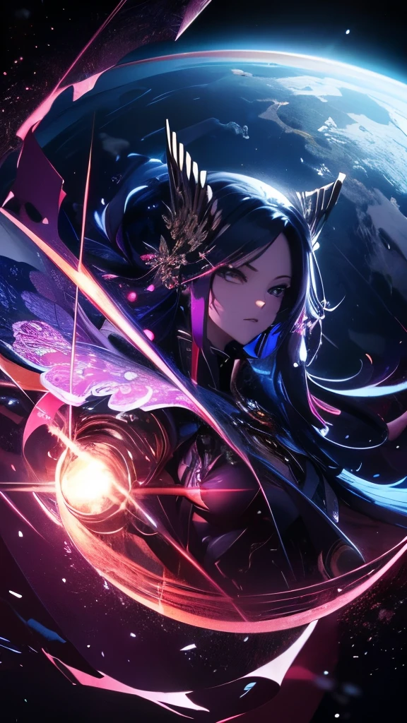 top-quality、Top image quality、masterpiece、masutepiece、Elaborate design、visualart、high contract、The best lighting、highestdetailed、Beautiful universe、Broken Earth、spaceships、black hole、Beautiful outer space、Distorted Moon、Exploding sun、Flowing stars々、tornado、Evil creatures、Blue flash、Red flash