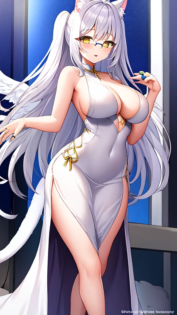An 18 year old female angel with long, white hair, yellow eyes, white cat ears, and large white angel wings. yellow halo ring round white glasses (White evening dress, long skirt around the legs, cut off the hips, sexy) hand touching lips