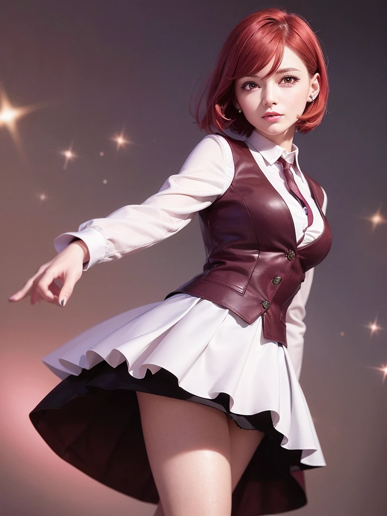 beautiful young woman, 32 years old, short red hair, Sparkling brown eyes, with , with a purple and pink blaser, skirt, and white background, complicated details,