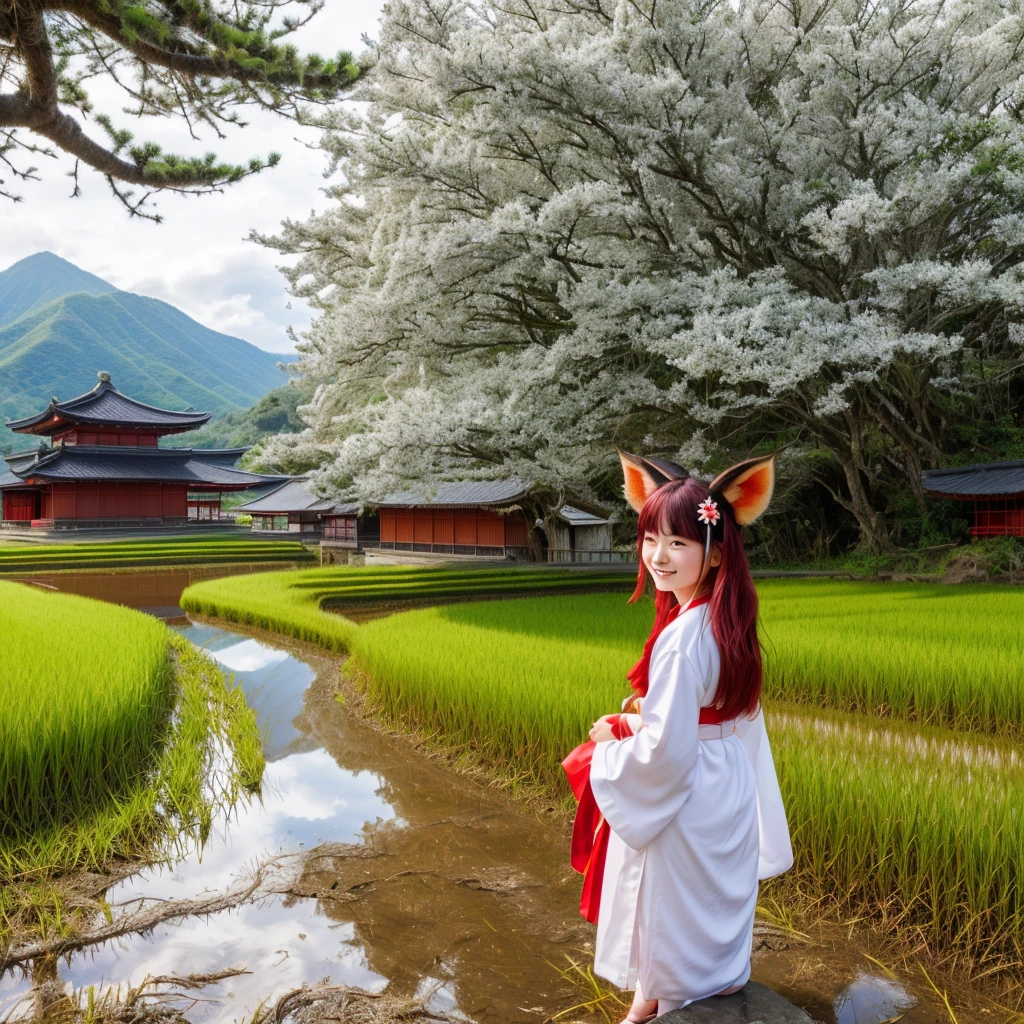 Top quality, illustration, cowboy shot, girl in shrine maiden outfit, girl looking at rice paddies, solo, ((fox ears)), ((ear hair)), red hair, hair between eyes, long sideburns, (long hair reaching shoulders) ), super long hair, long hair, green eyes, front angle, sparkling eyes, droopy eyes, voluminous hair, cowboy shot, long hair, blushing, smiling face, shrine maiden outfit, red hakama, hakama skirt, flower hair ornament, rice paddies, mountain ranges visible in the distance, gravel road, big tree, small shrine at edge of rice paddy, Japanese background with rice paddies spreading out,