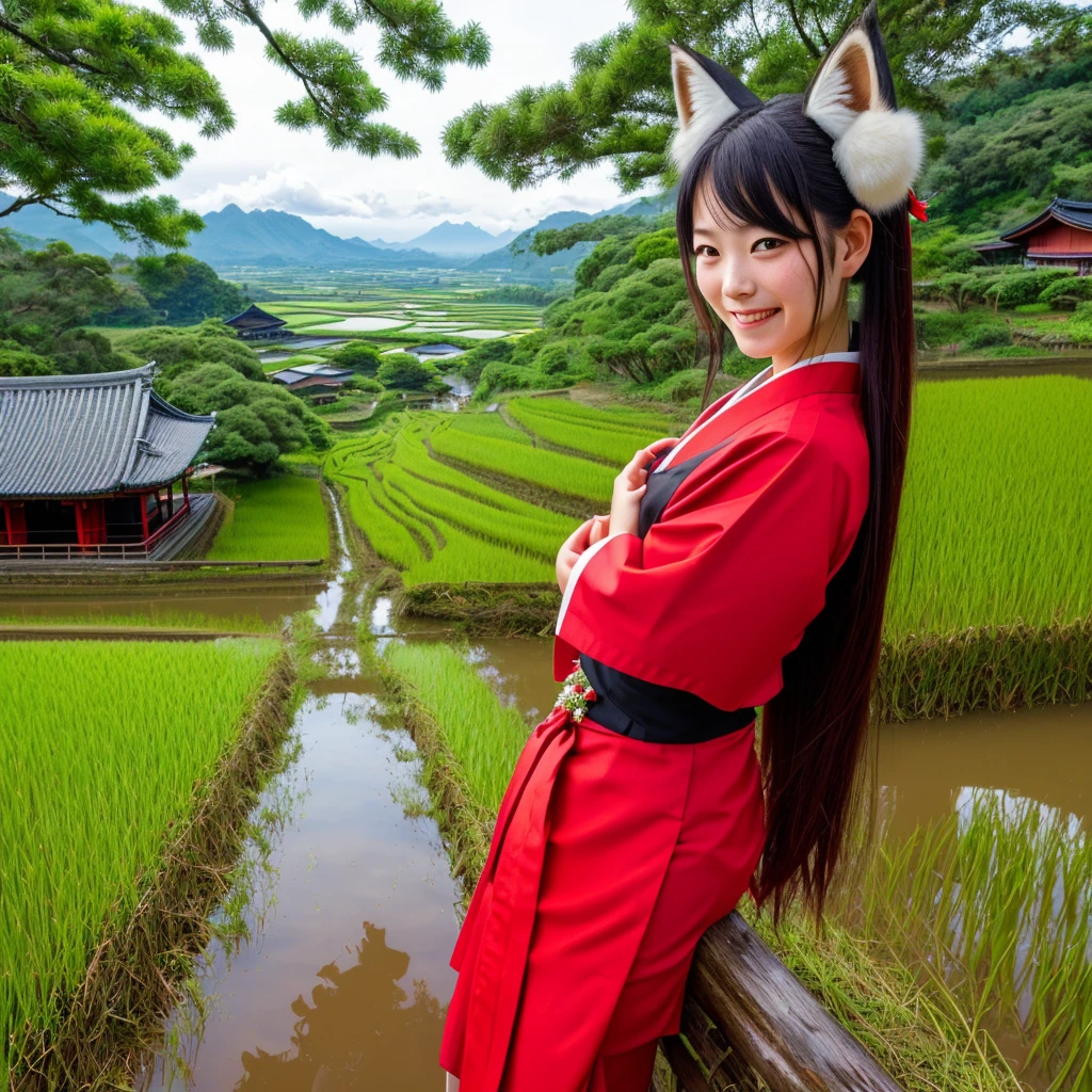 Top quality, illustration, cowboy shot, girl in shrine maiden outfit, girl looking at rice paddies, solo, ((fox ears)), ((ear hair)), red hair, hair between eyes, long sideburns, (long hair reaching shoulders) ), super long hair, long hair, green eyes, front angle, sparkling eyes, droopy eyes, voluminous hair, cowboy shot, long hair, blushing, smiling face, shrine maiden outfit, red hakama, hakama skirt, flower hair ornament, rice paddies, mountain ranges visible in the distance, gravel road, big tree, small shrine at edge of rice paddy, Japanese background with rice paddies spreading out,