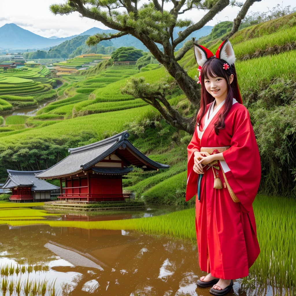 Top quality, illustration, cowboy shot, girl in shrine maiden outfit, girl looking at rice paddies, solo, ((fox ears)), ((ear hair)), red hair, hair between eyes, long sideburns, (long hair reaching shoulders) ), super long hair, long hair, green eyes, front angle, sparkling eyes, droopy eyes, voluminous hair, cowboy shot, long hair, blushing, smiling face, shrine maiden outfit, red hakama, hakama skirt, flower hair ornament, rice paddies, mountain ranges visible in the distance, gravel road, big tree, small shrine at edge of rice paddy, Japanese background with rice paddies spreading out,