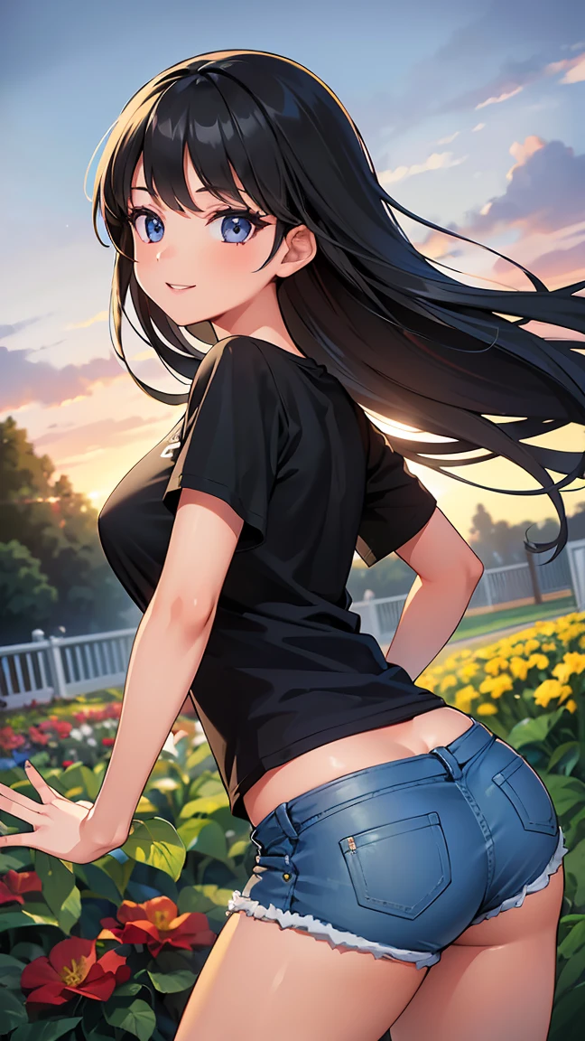 (8K, Live shooting, best quality, muste piece: 1.2), High-definition RAW color photo, Professional photography, cinematic light, ((1 girl)), focus on butt, (Low - Angle:1.2), super cute face, (black long hair), smile, Gorgeous body, glossy lips, slender body, big breasts, small butt, ((T-shirt, denim shorts, )), with your back turned:1.5, Are standing:1.2, Turn around pose, natural makeup, long eyelashes, shiny hair, asymmetrical bangs, tanned skin, pretty face, beautiful detailed eyes, beautiful body, beautiful chest, beautiful thighs, beautiful legs, (((clean fingers, 5 fingers on hand, five fingers))), (((flower garden, garden))), central image, high resolution, high detail, detailed hairstyle, detailed face, epic movie lighting, lively, hyper real, perfect limbs, perfect ???????, anatomically correct,
