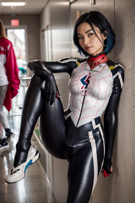 Stunning proportions, Evangelion Suit, Skin Fit Blue Bodysuit, blue hair, bobhair, shiny skin, blue eyes, colorful