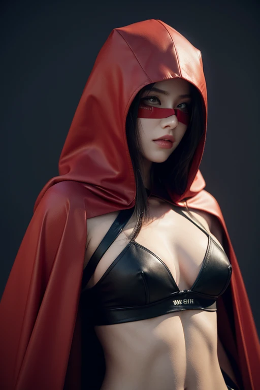 An electronic woman, Have a perfect body, Practical, Stomach looks perfect), Neckline, 3d, Hood on the head，cloaked, There is a red mask on the right eye, 动漫风格3d, ultra Practical, HD,  