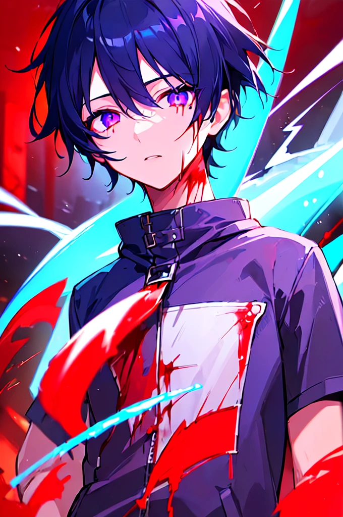 [(RED BACKGROUND:1.5),::5], ((((masterpiece)))), high quality, ultra very high resolution, full color, (((solo))), (()), black hair, ((blue colored inner hair)), ((purple eyes)), anime, ((upper body)), neon light, black parka, (lightning effect:1.2), (Blood effect:1.5)